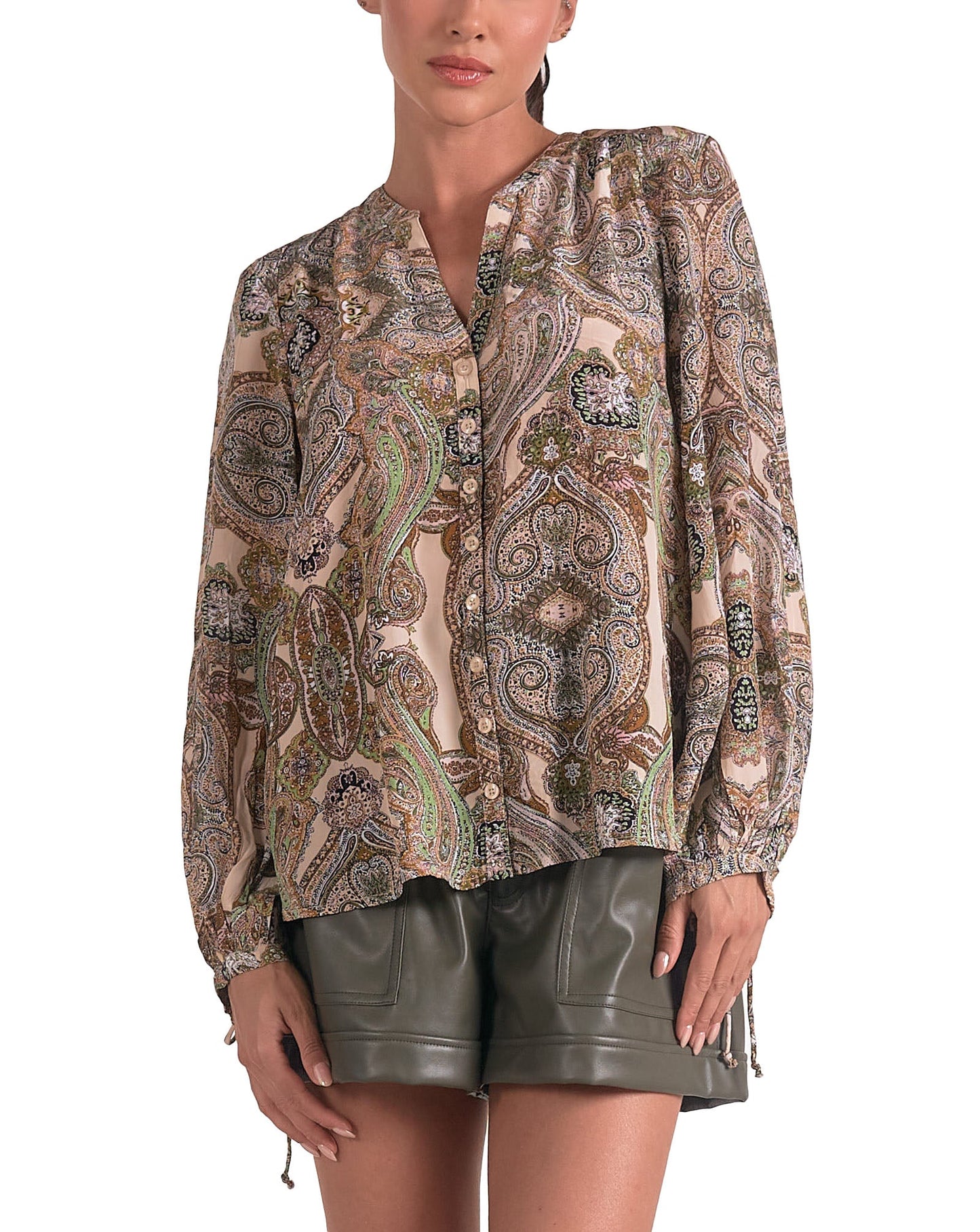 Elan Button Down Paisley Print Top