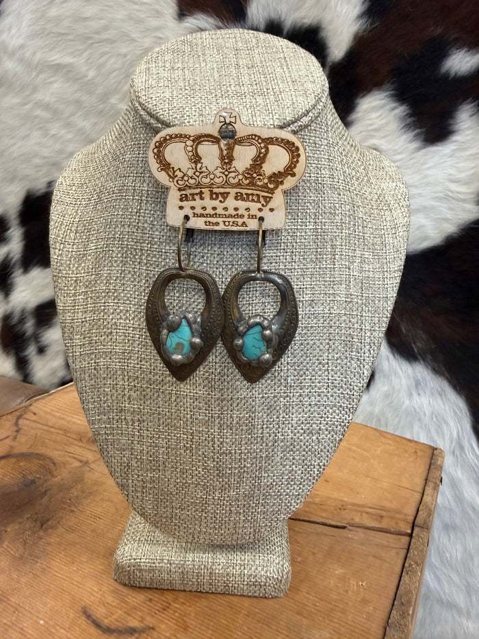 Art By Amy Brass Toned Metal & Turquoise Stone Dangle Earrings