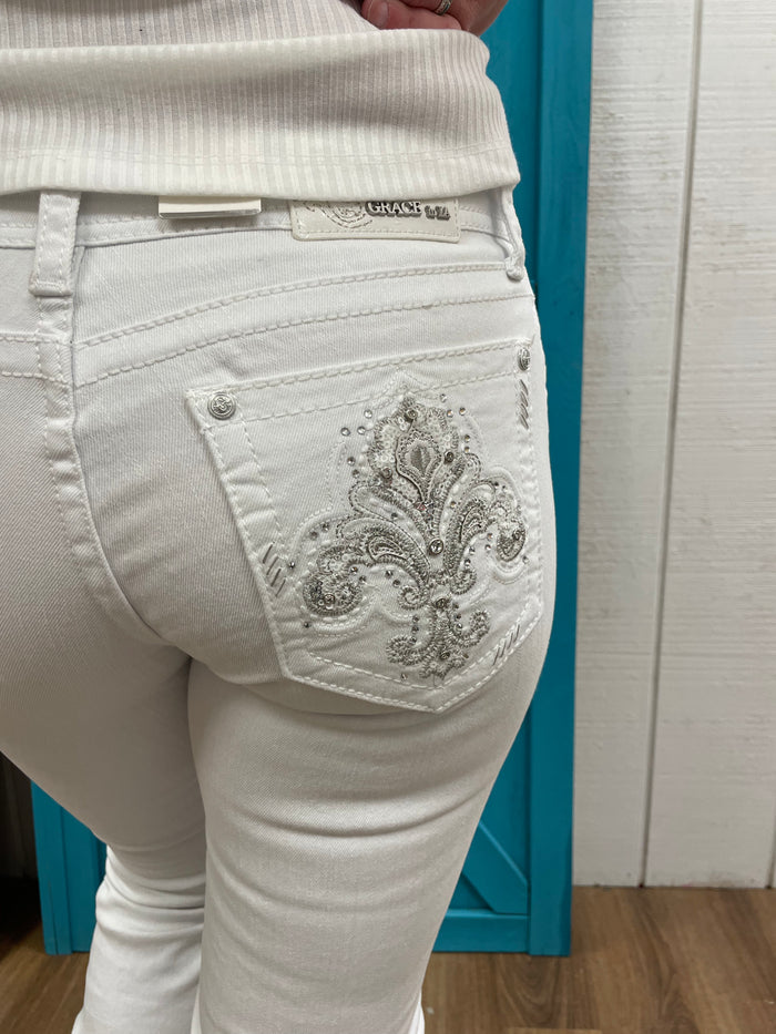 Grace in LA Easy Fit White Fleur-De-Lis Pocket Design Bootcut Jeans EB61832-Painted Cowgirl Western Store