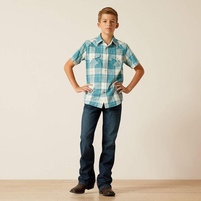 Ariat Boy's Gasoline Plaid Harry Retro Fit Short Sleeve Western Shirt 10051405-Painted Cowgirl Western Store