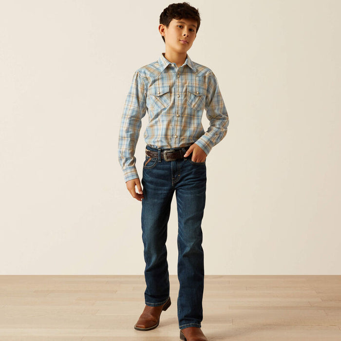 Ariat Boy's Light Blue Plaid Howe Retro Fit Long Sleeve Snap Western Shirt 10058727