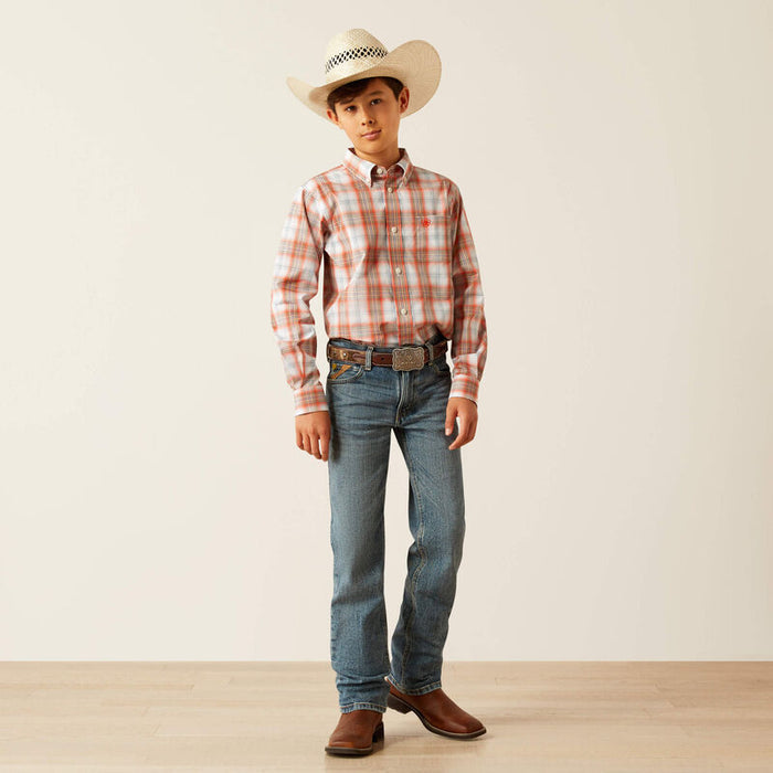 Ariat Boy's Orange Plaid Pro Series Wallis Classic Fit Long Sleeve Button Western Shirt 10058725