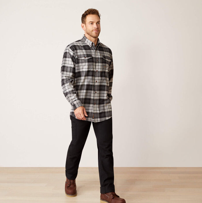 Ariat Men's Rebar Charcoal Plaid Flannel DuraStretch Button Long Sleeve Work Shirt 10051973