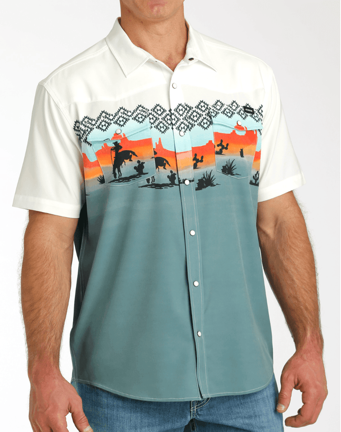 Cinch Men's Cream & Blue Horse Rider Camp Short Sleeve Shirt MTW1402004