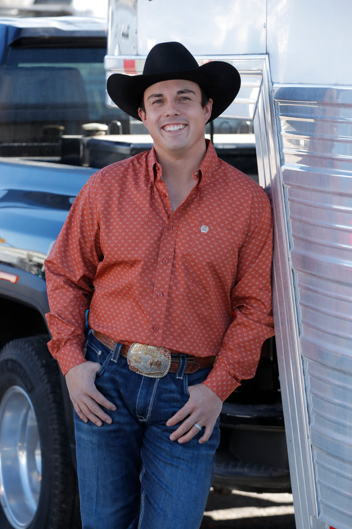 Cinch Men's Orange Steer Print Button Long Sleeve Western Shirt MTW1105847-Painted Cowgirl Western Store