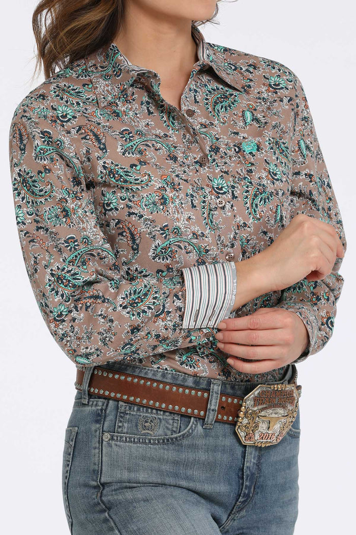 Cinch Women's Brown & Turquoise Paisley Print Button Long Sleeve Western Shirt MSW9164246