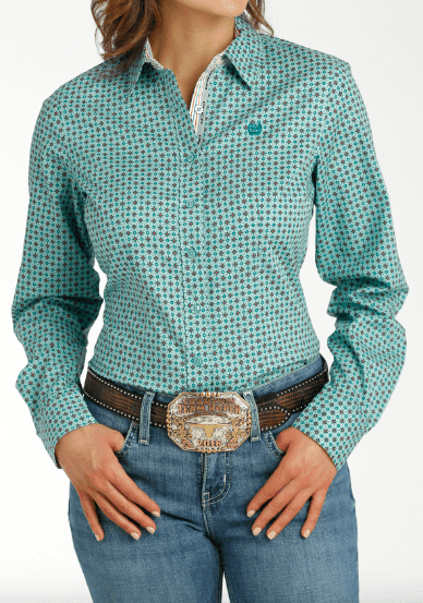 Cinch Women's Light Blue Geo Print Button Long Sleeve Western Shirt MSW9165051