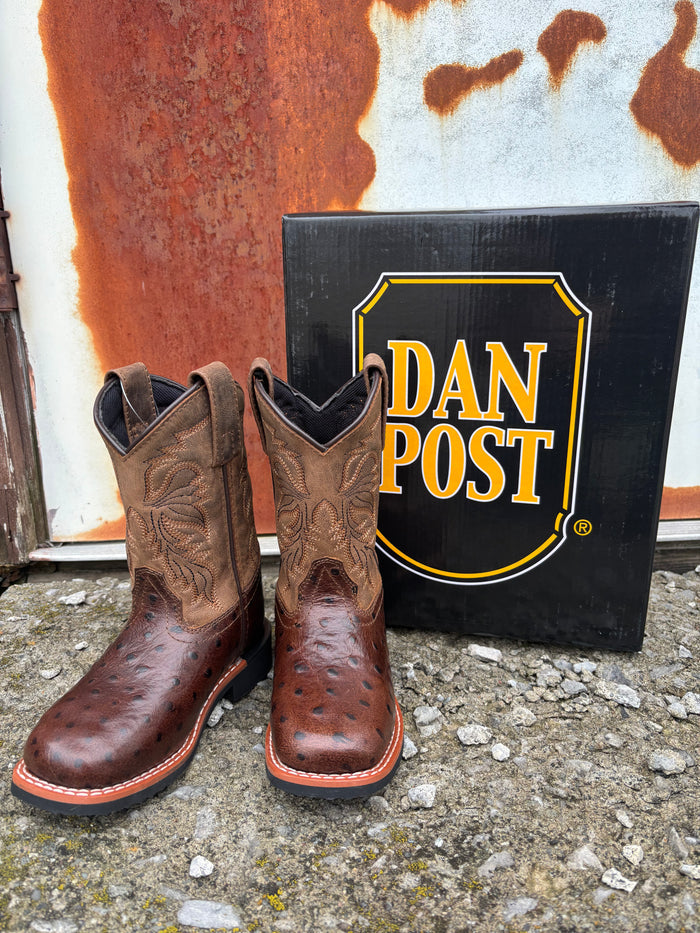 Dan Post Children/Youth Chocolate Brown Jet Ostrich Print Western Cowboy Boots DPC4007 DPC5007