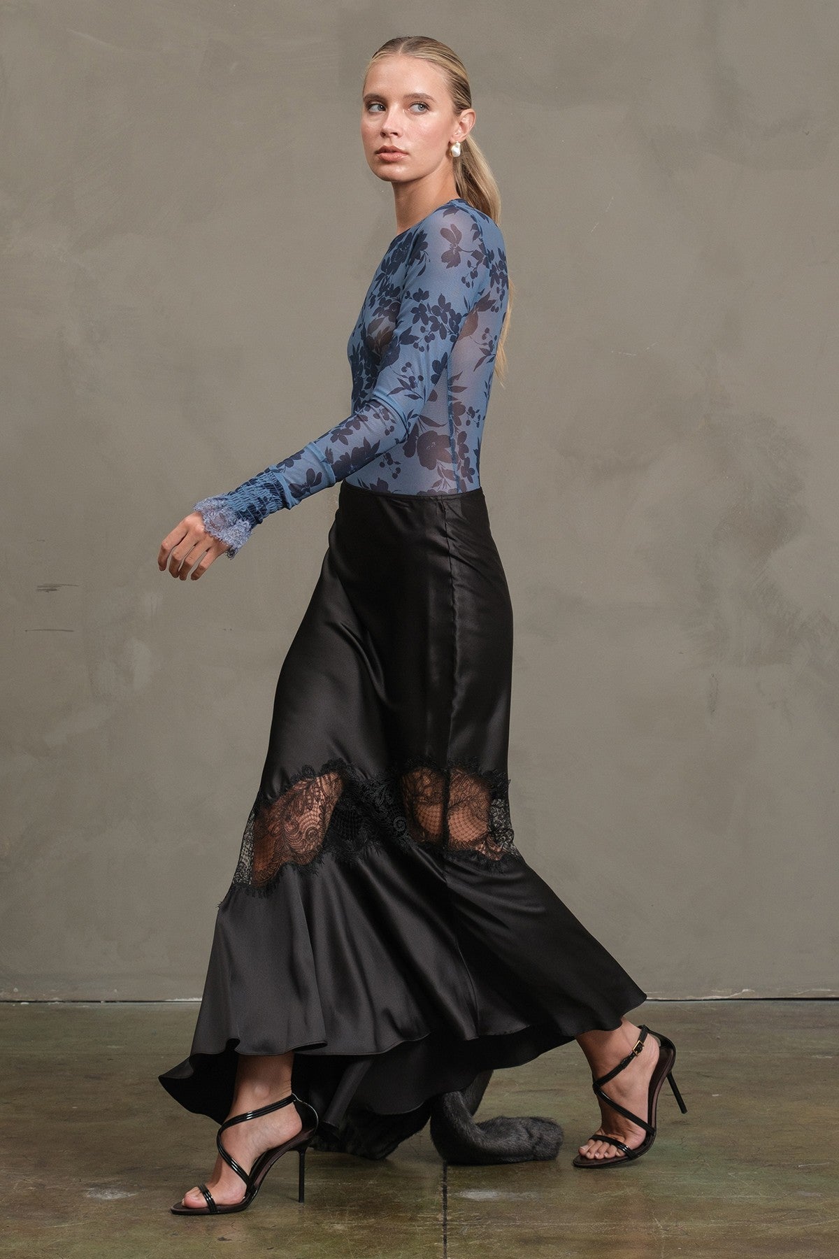 Satin Bias Lace Panell Skirt