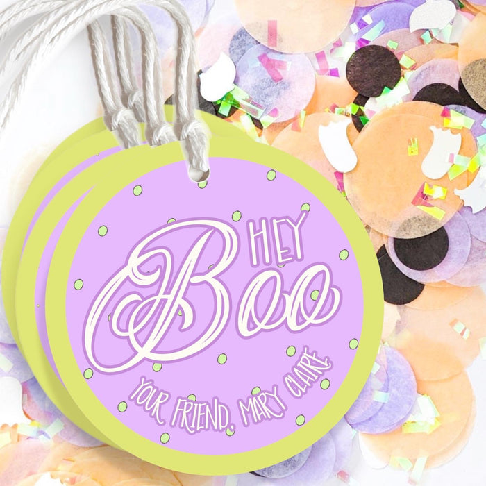 Hey Boo Halloween Circle Gift Tag & Twine - Purple · Chartreuse