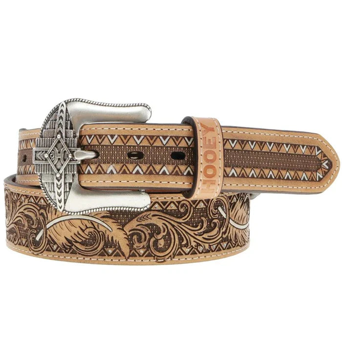 Hooey Kid's War Paint Brown & Natural Feather Filigree Embossed Leather Belt HMBLT006-Y