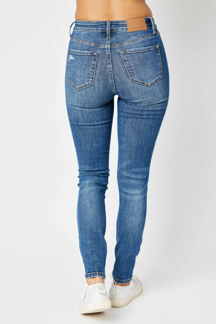 Judy Blue Women's Dark Wash Mid-Rise (Tummy Control) Destroyed Skinny Jeans 88798