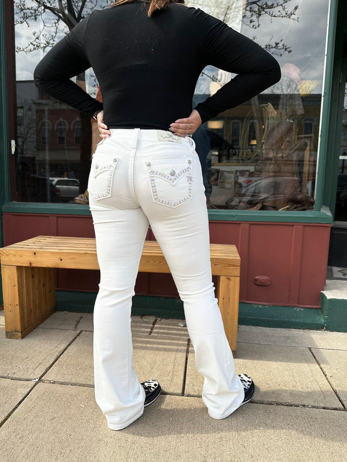 Miss Me Women's White Criss Cross Embroidered Mid-Rise Bootcut Jeans M9289BS M9289BV M9289B-Painted Cowgirl Western Store