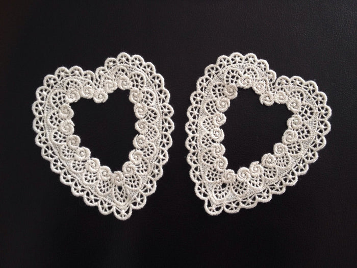 New 2 pcs Lace Heart Embroidered Applique Patch Cotton Sewing Fabric White Off