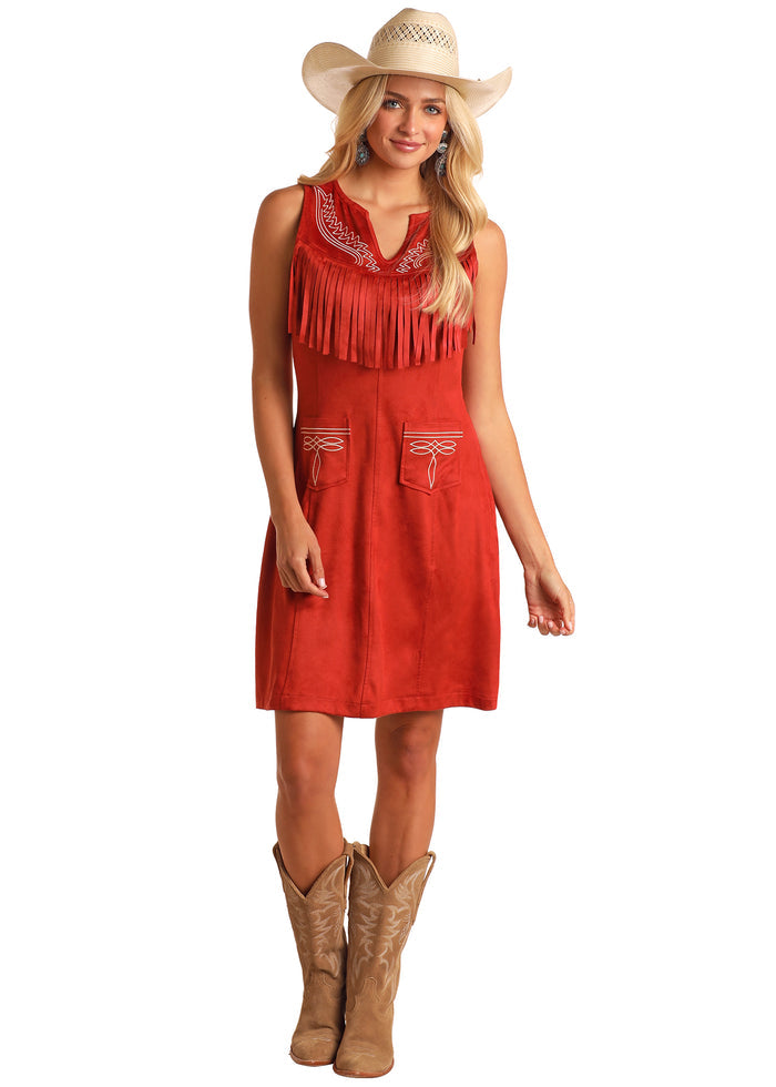 Panhandle Women's Red Rust Microsuede Fringed Western Embroidered Sleeveless Dress LWD0R05806