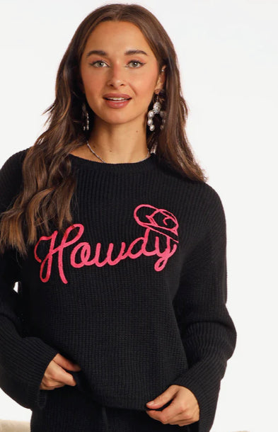Rock and Roll Cowgirl Black Range Howdy Cropped Long Sleeve Sweater AW32T05512