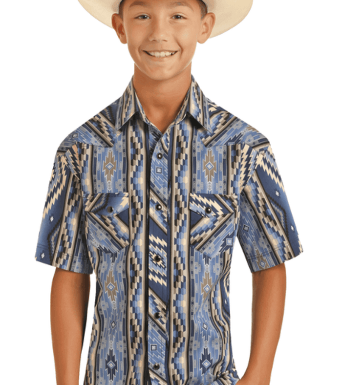 Rock & Roll Cowboy Boy's Blue & Grey Aztec Woven Snap Up Short Sleeve Western Shirt BBN3S03932