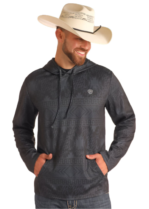 Rock & Roll Cowboy Men's Black Aztec Western Print Performance Hoodie BM94T05976