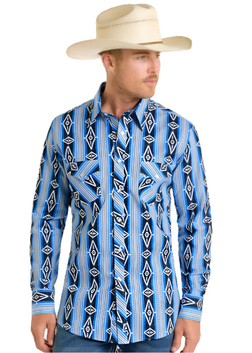 Rock & Roll Cowboy Men's Blue & White Aztec Print Modern Fit Snap Long Sleeve Western Shirt BMN2S06491