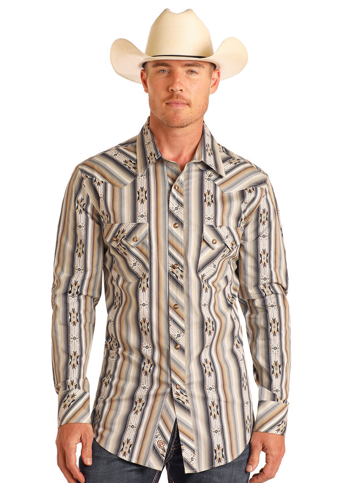 Rock & Roll Cowboy Men's Tan Aztec Striped Slim Fit Snap Long Sleeve Western Shirt BMN2S05842