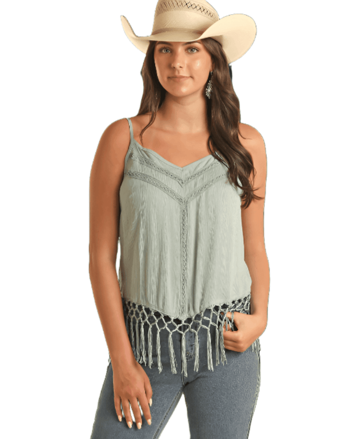 Rock & Roll Women's Jade Lace Insert Fringe Tank Top BW20T03884-JD