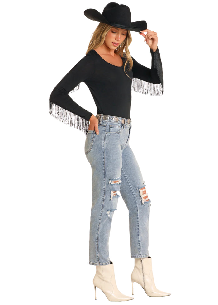 Rock & Roll Women's Light Wash Studded Distressed High Rise Straight Leg Crop Jeans BW9HD04796