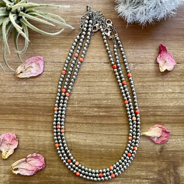 The Bijoux FAB 14" 4mm Orange Magnesite & Silver Plated Pearl Necklace CHO-PLA-142-ORA