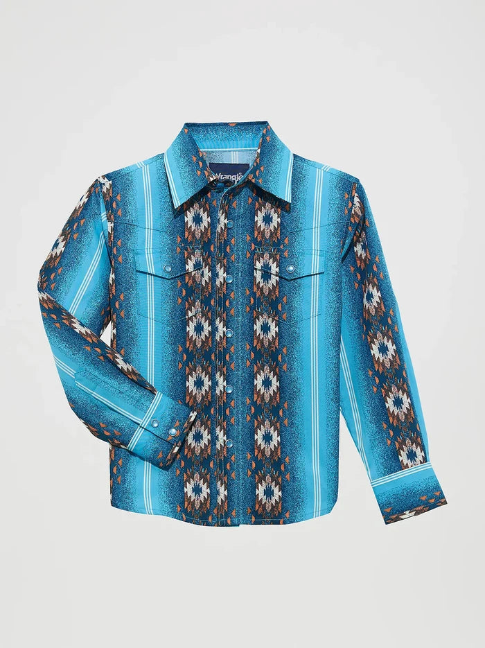Wrangler Boy's Blue Sea Salt Checotah Aztec Snap Long Sleeve Western Shirt 112365829