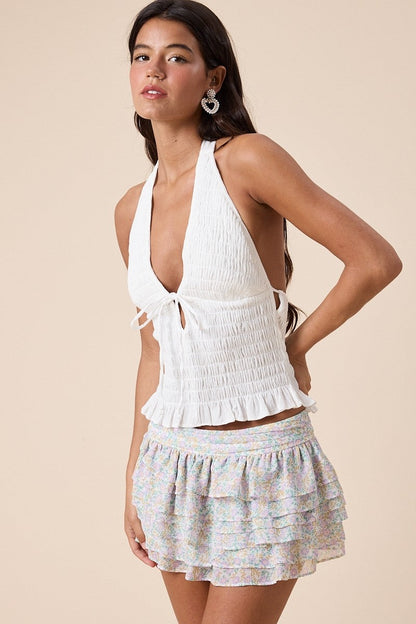 Ruched Halter V-Neck Top