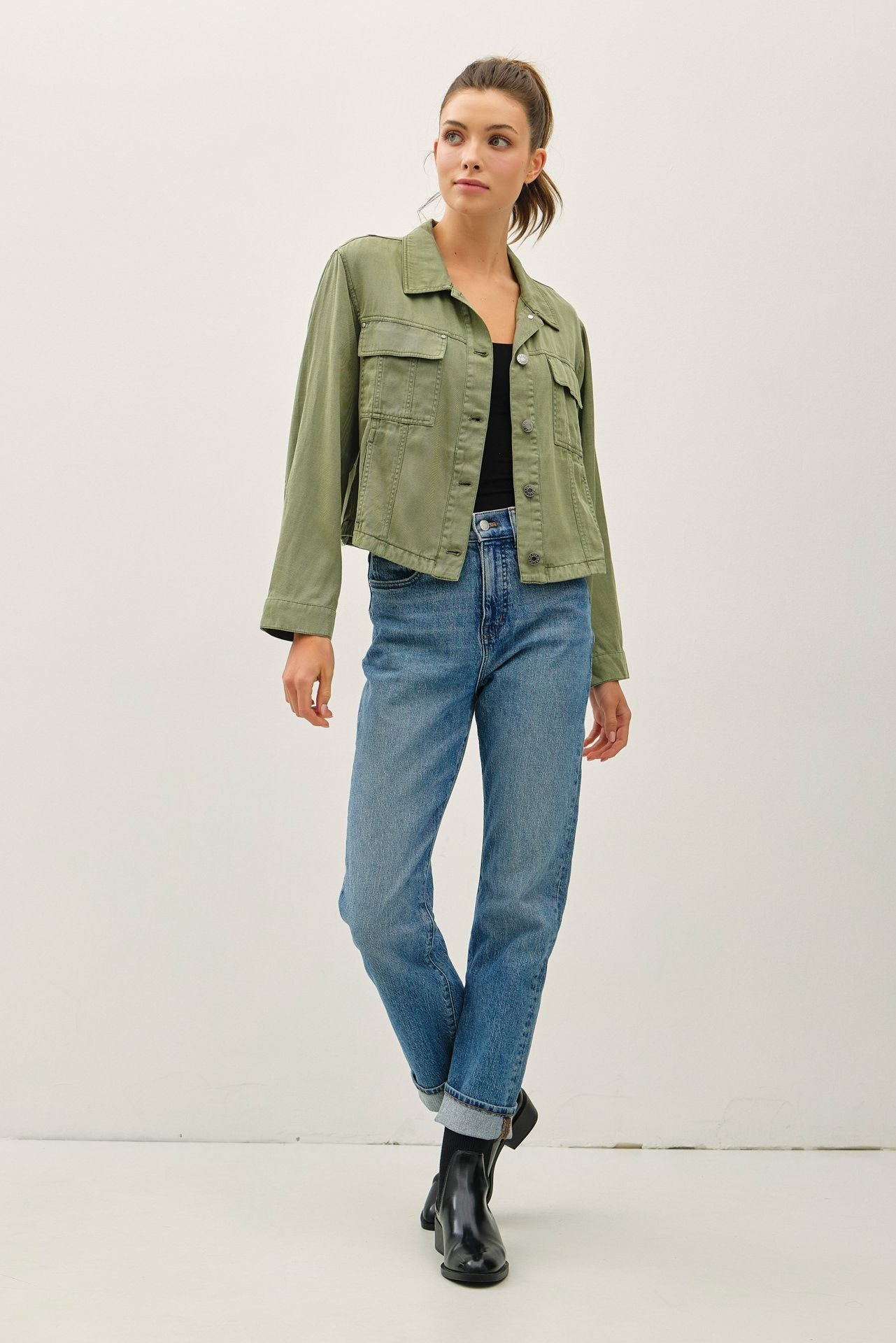 Cropped Tencel Jacket w/ Chest Pockets