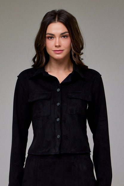 Hidden Shrunken Suede Button-Up Shirt
