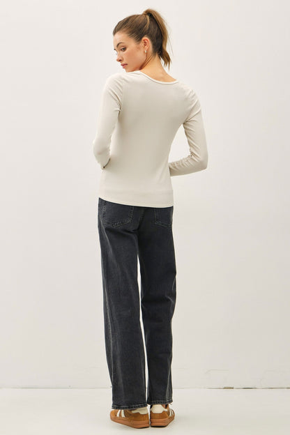 Ribbed Notched Neck Long-sleeve Top