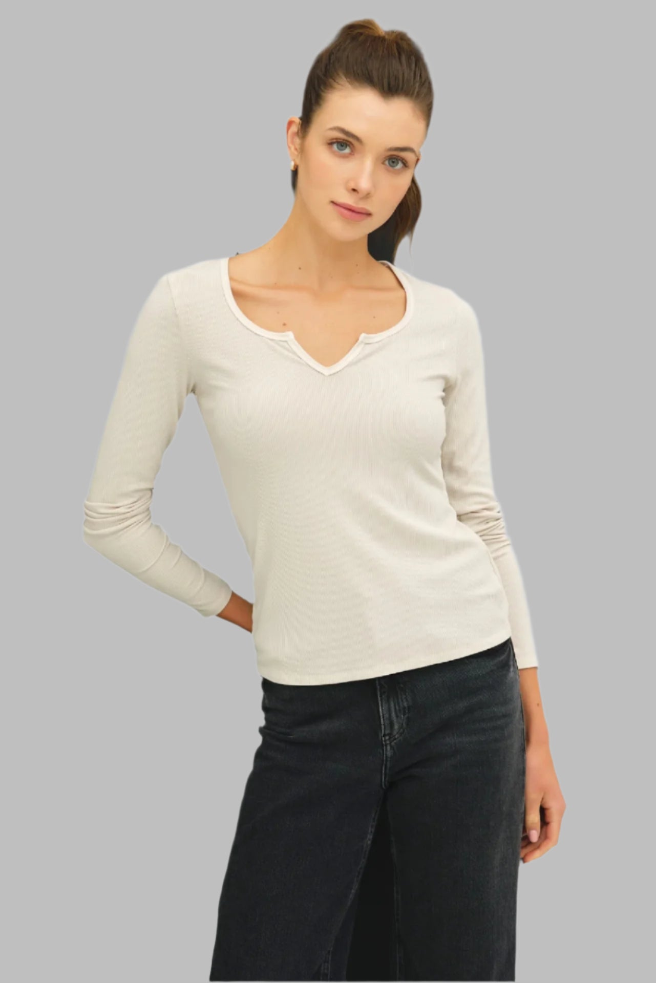 Ribbed Notched Neck Long-sleeve Top