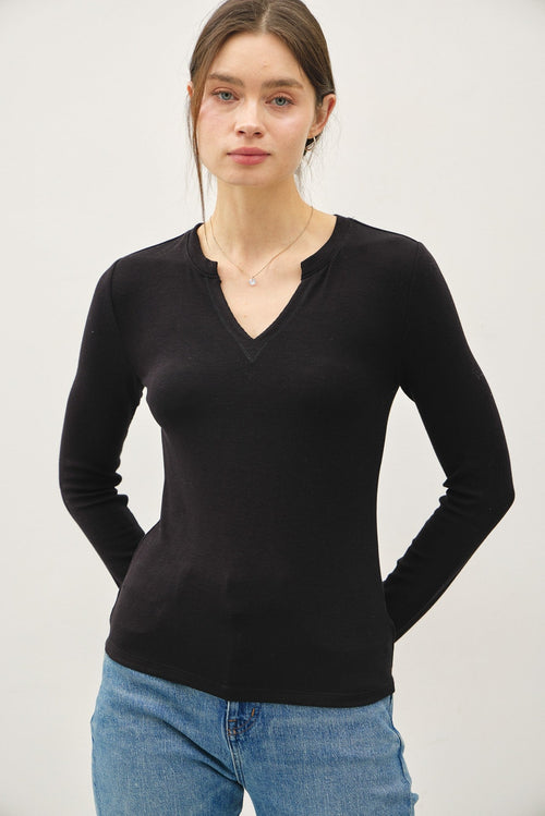 Classic Ribbed V-Neck Long Sleeve Top