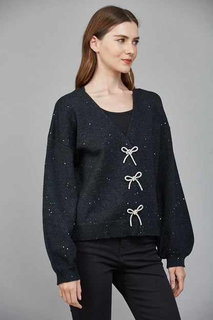 Rhinestone Bow Closure Cardigan