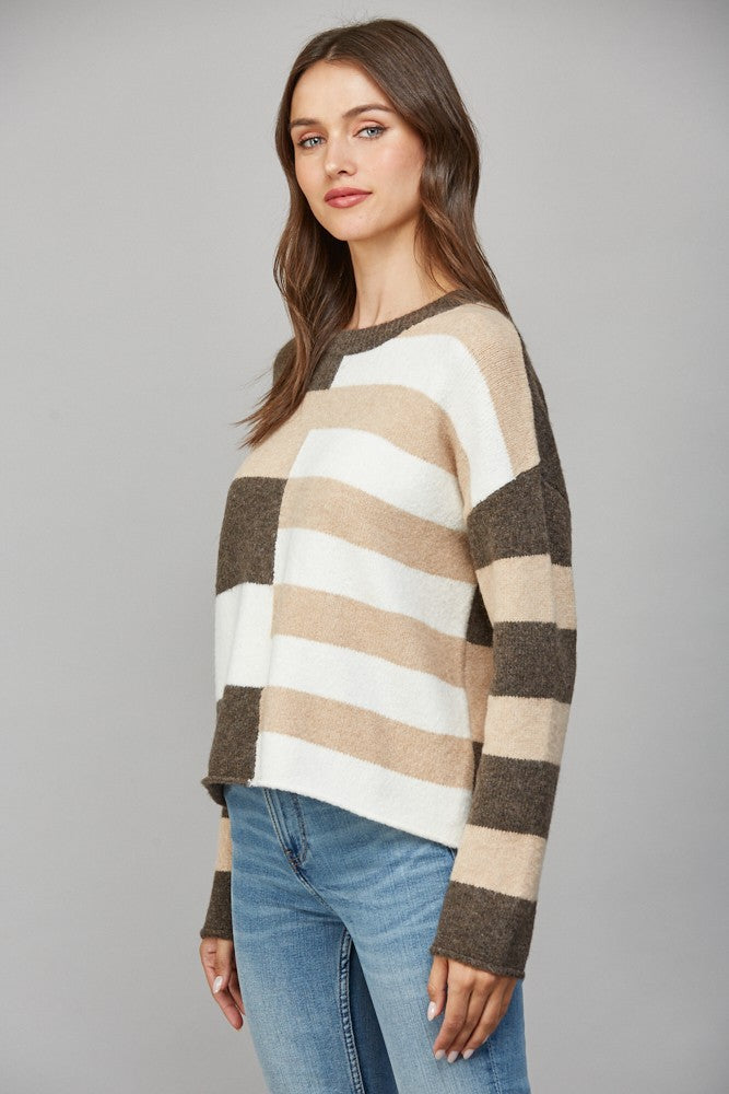 Block Stripe Pattern Crew Neck