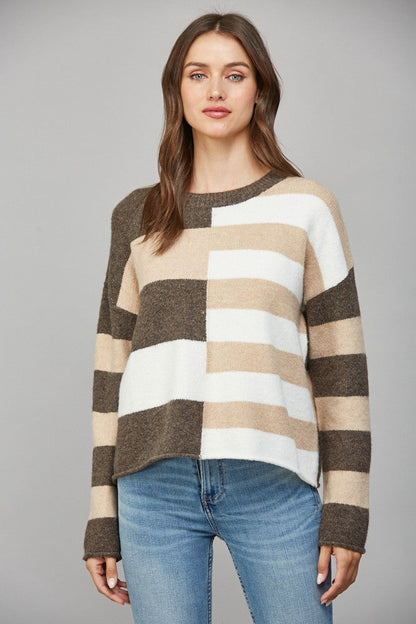 Block Stripe Pattern Crew Neck