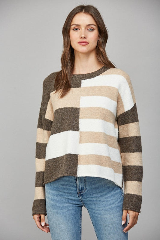 Block Stripe Pattern Crew Neck
