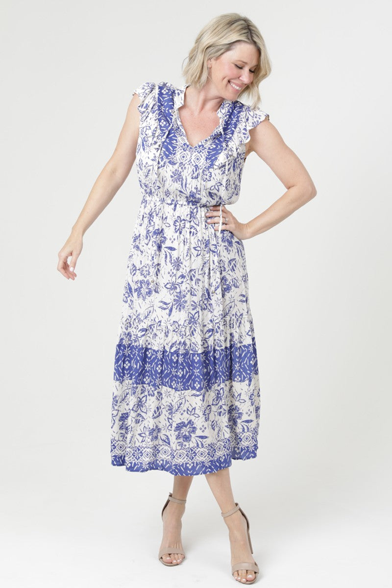 Cap Sleeve Split Neck Maxi Dress
