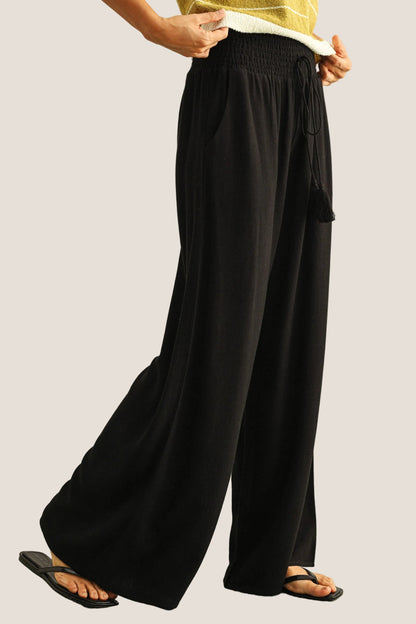 Cotton Linen Smocked Waist Tassel Pants