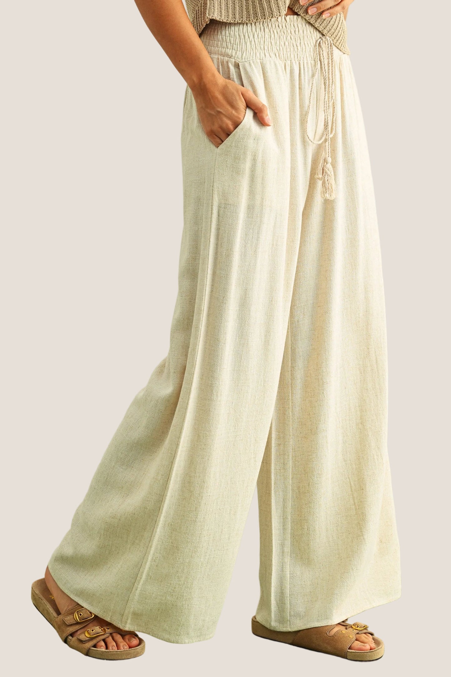 Cotton Linen Smocked Waist Tassel Pants
