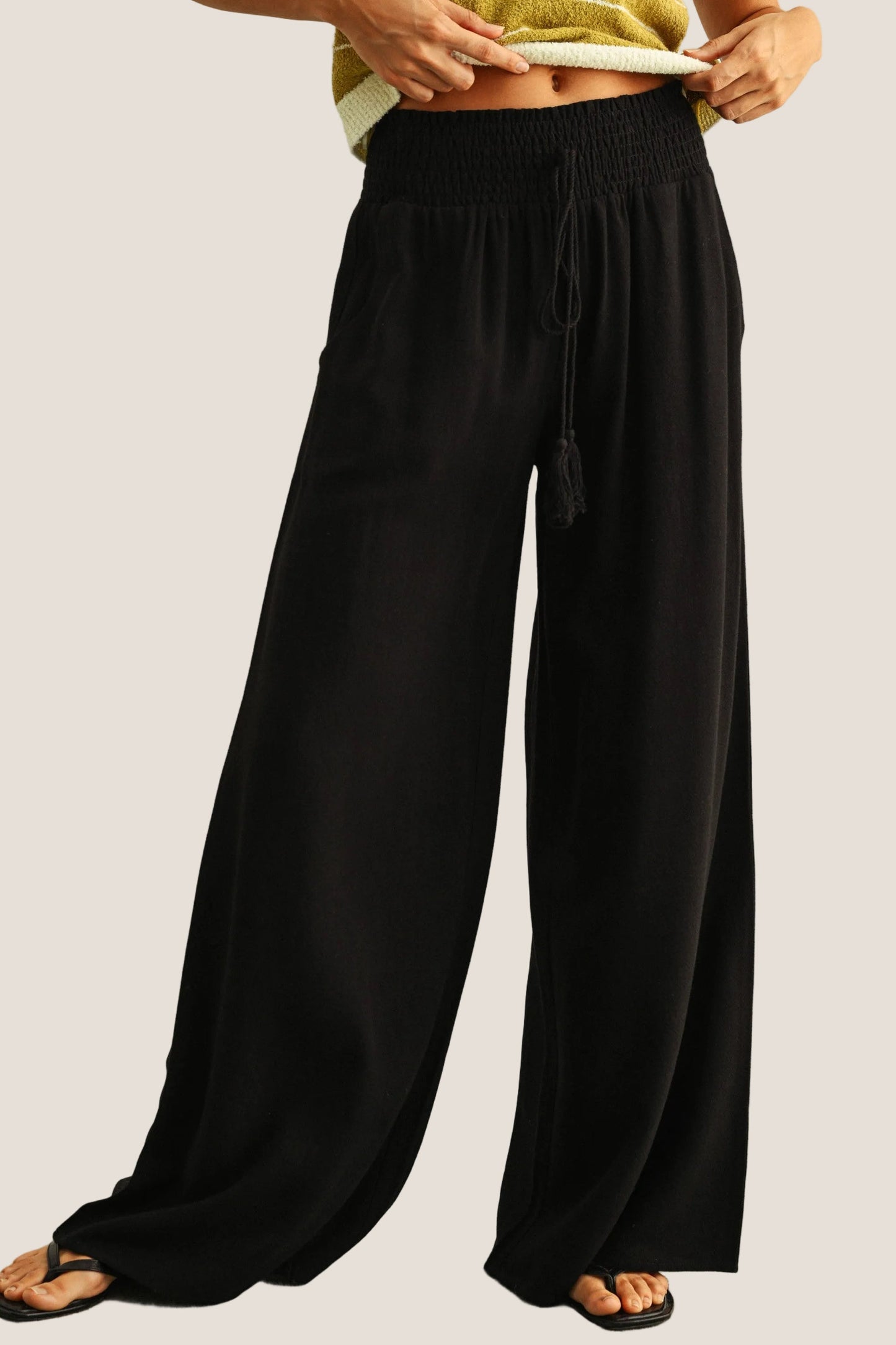 Cotton Linen Smocked Waist Tassel Pants