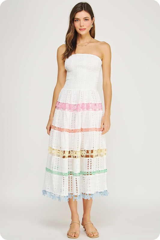 Beautiful Chaos Color Block Lace Trim Midi Dress