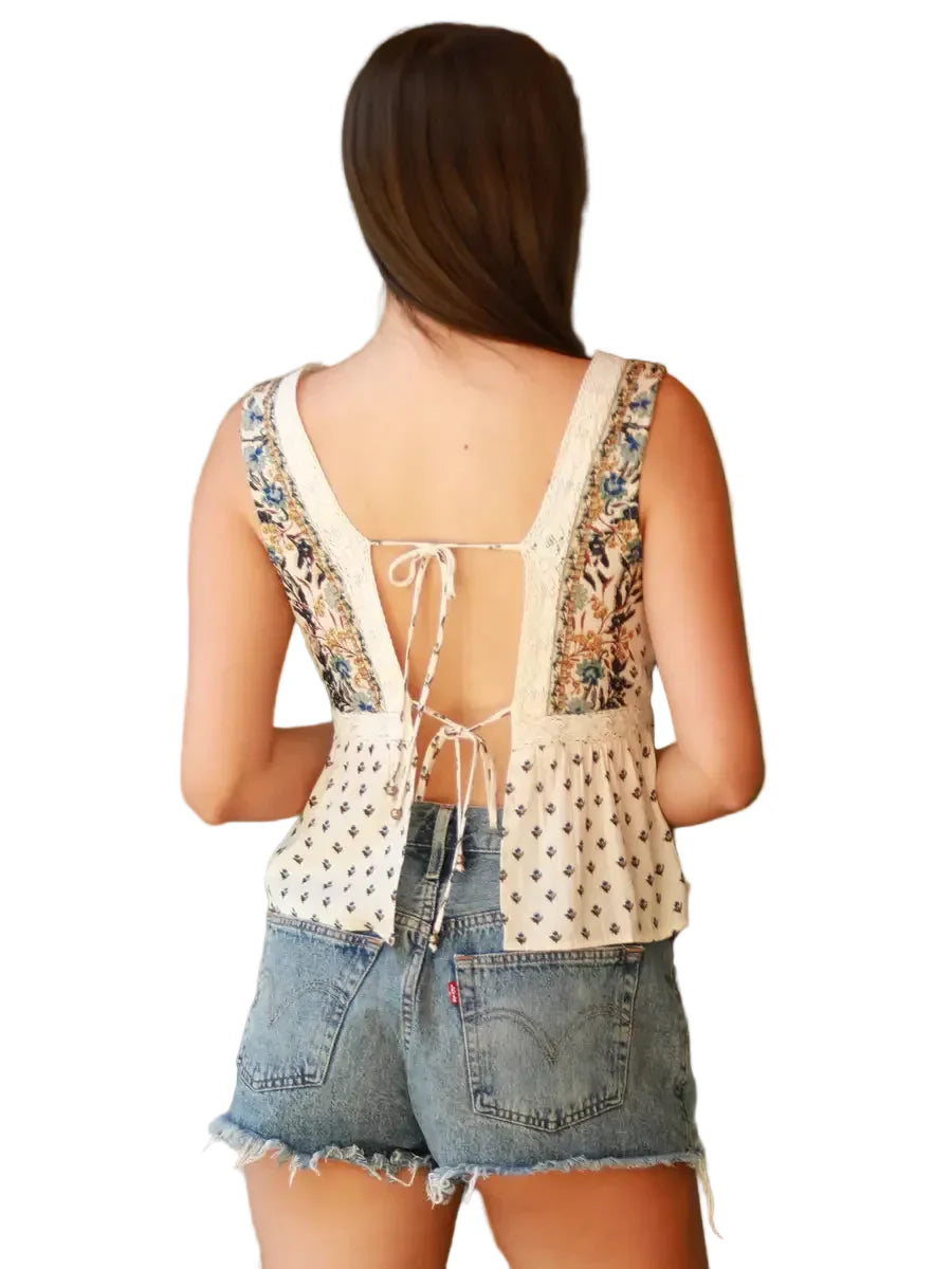 Lace Detail V-Neck Open Back Tank