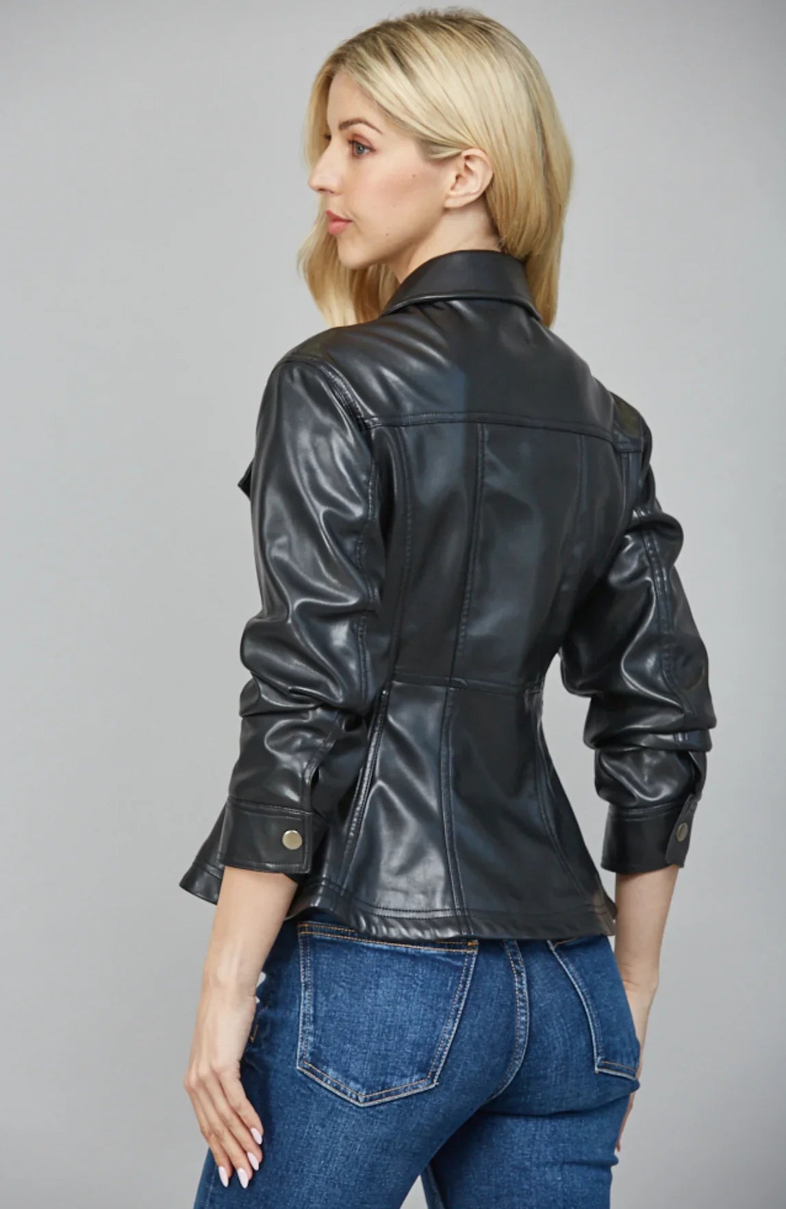 Cinched Sleeve Faux Leather Peplum Jacket