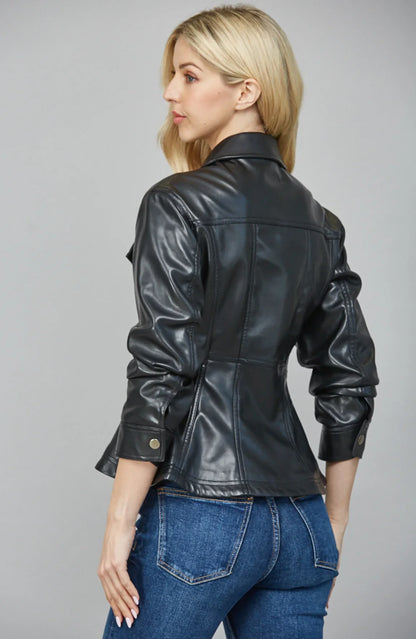 Cinched Sleeve Faux Leather Peplum Jacket
