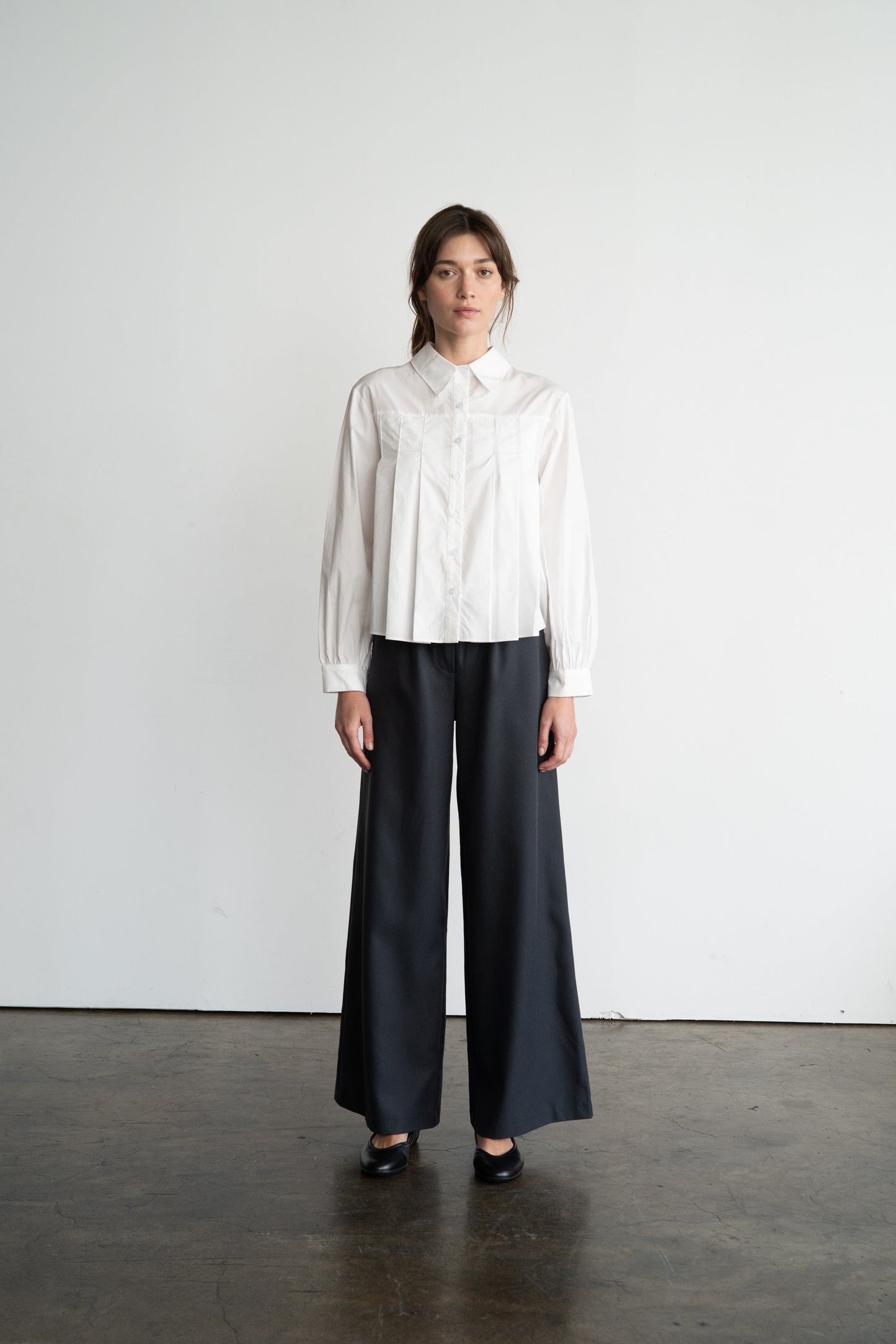 Pleated Poplin Button Down Shirt