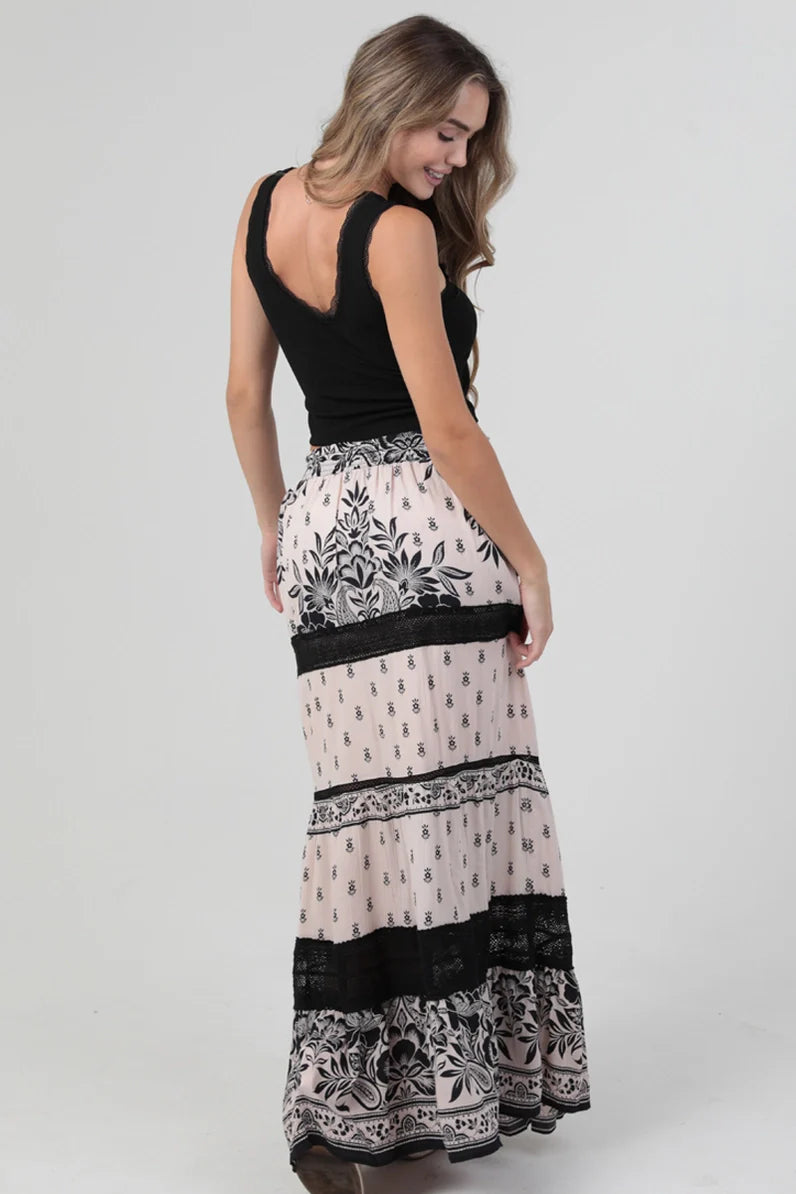 Lace Trim Printed Maxi Skirt