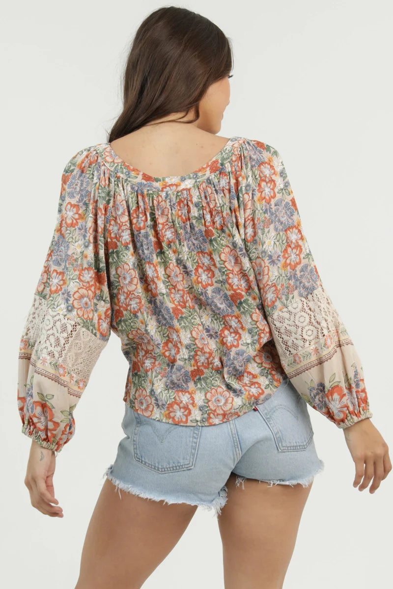 Border Print Tie Front Crochet Top