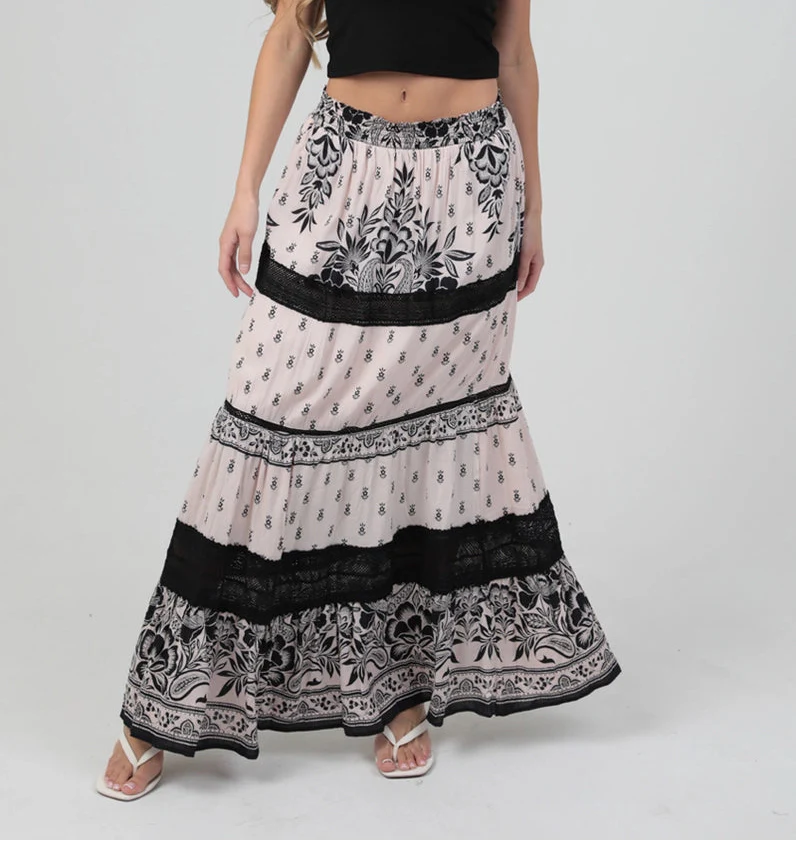 Lace Trim Printed Maxi Skirt